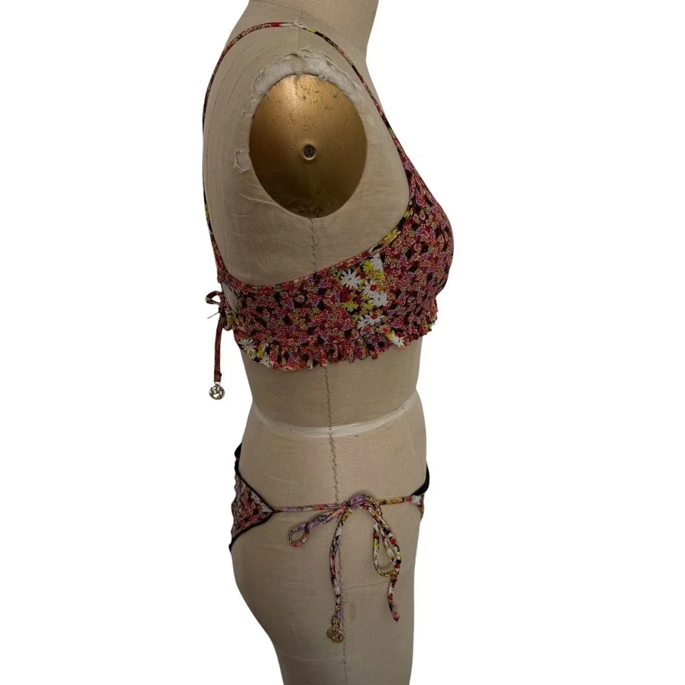 Luli Fama Floral Ruffle Bikini Set Garden Nights S Lace Up Back Ruched Bottoms